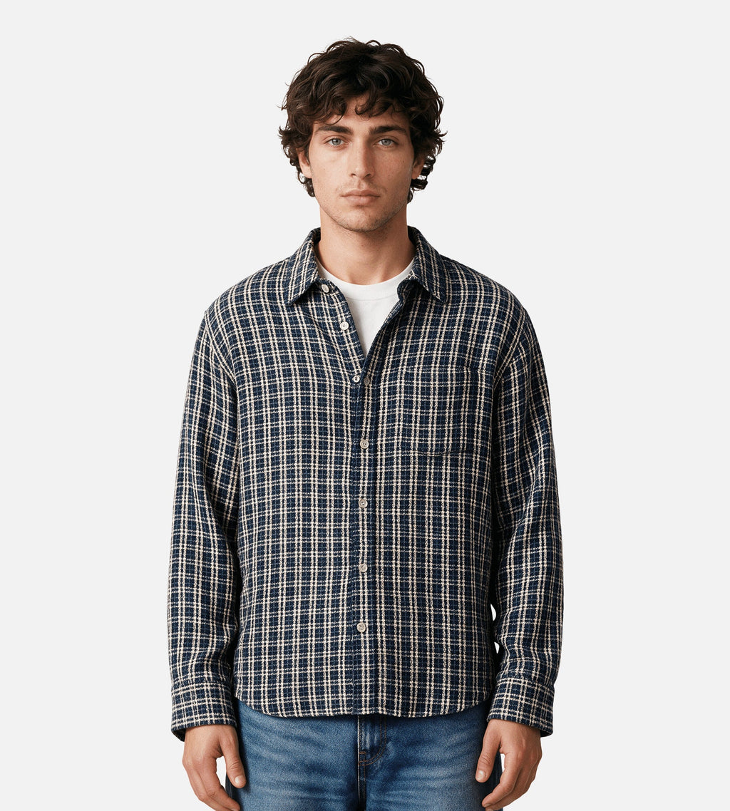 Corridor Reverse Tweed Snow Check Long Sleeve Shirt Blue