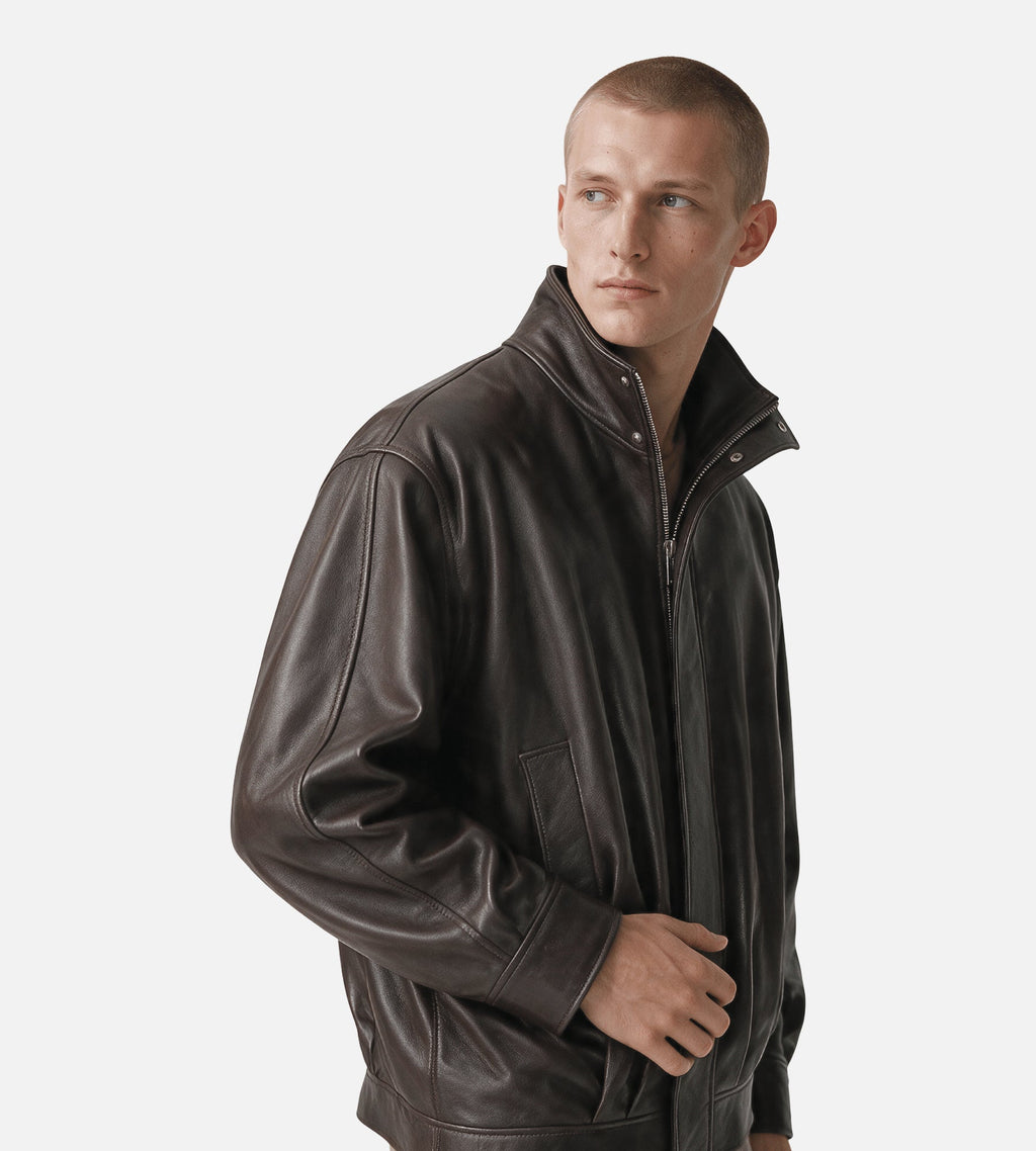 ARMA Paulo High-Collar Leather Jacket Coffee Bean